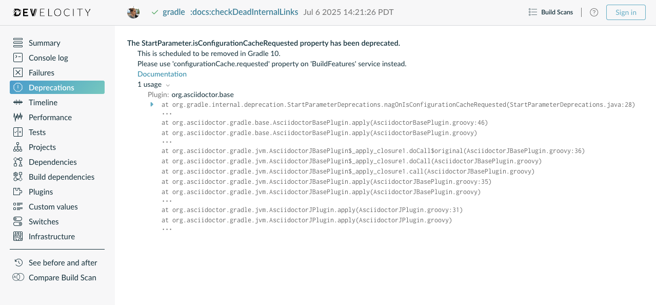 Deprecations View in a Build Scan