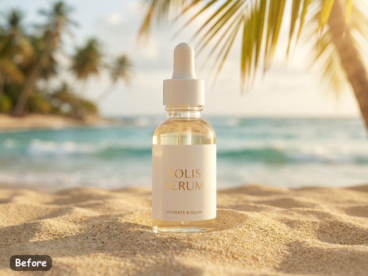 A serum bottle on a beach, illustrating how to remove background from product images with EzRemove.