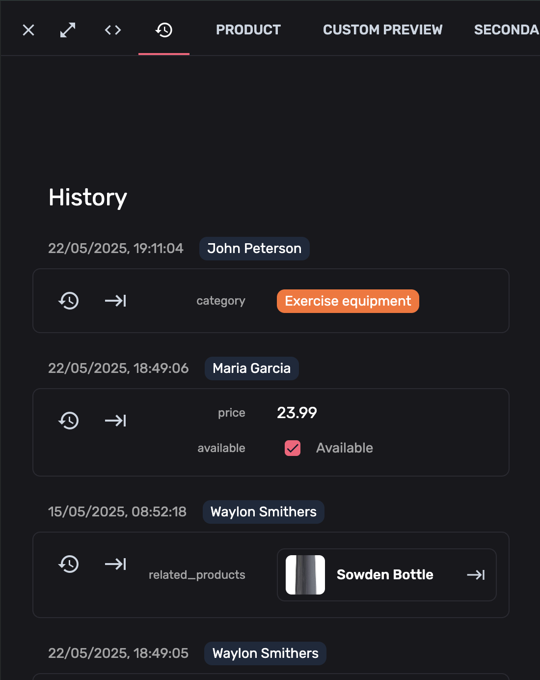 FireCMS entity history and audit log showing data changes over time