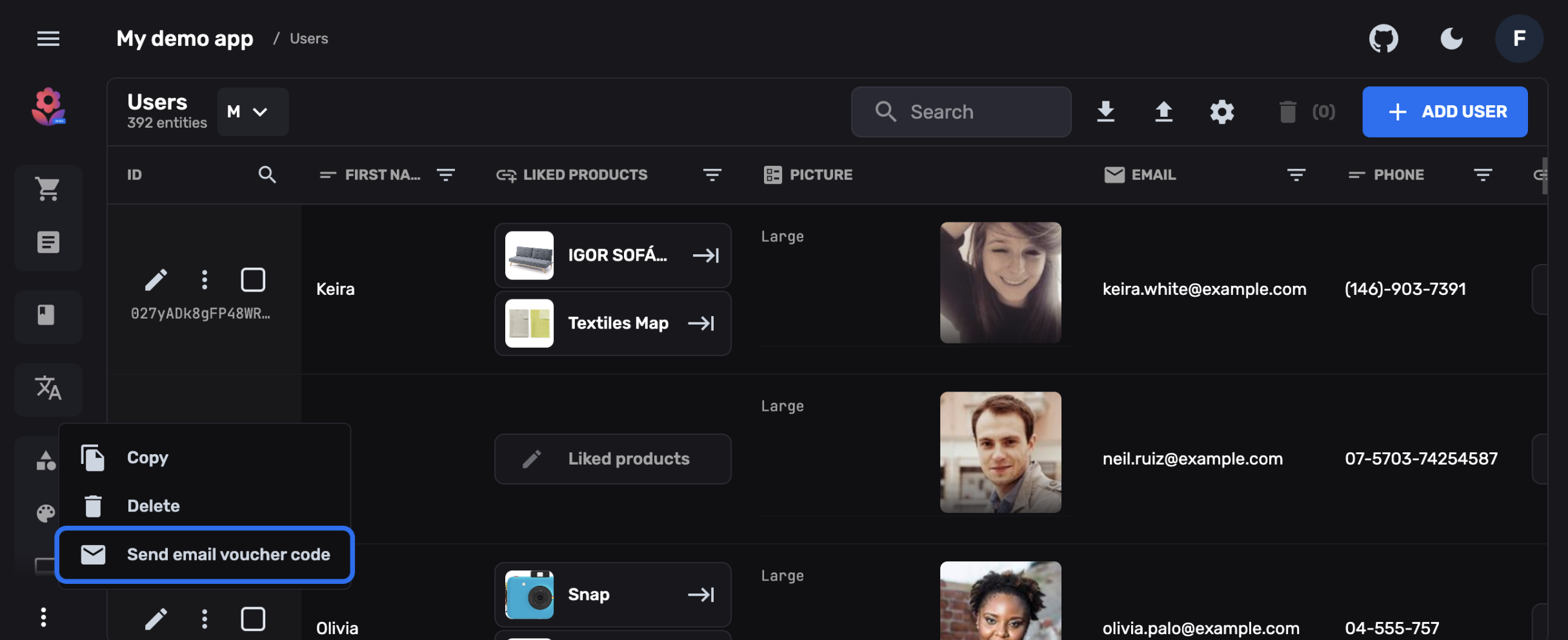 Screenshot of FireCMS Admin Panel managing User Data