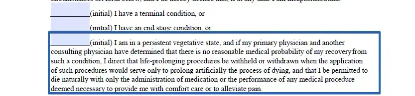 Section for defining actions if there can be no recovery of living will form for Florida
