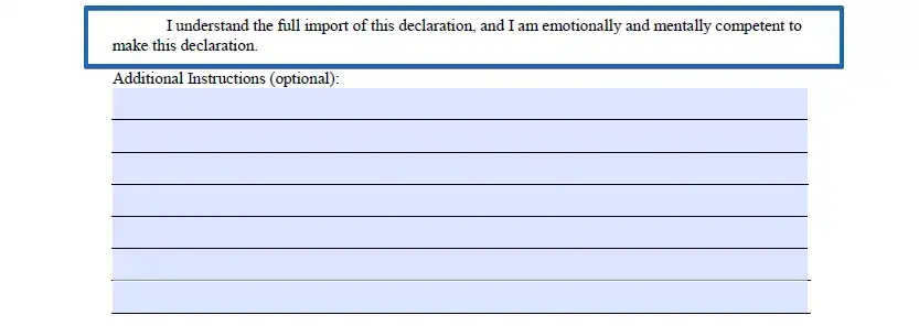 Right state of mind confirmation section of a document of living will for Florida