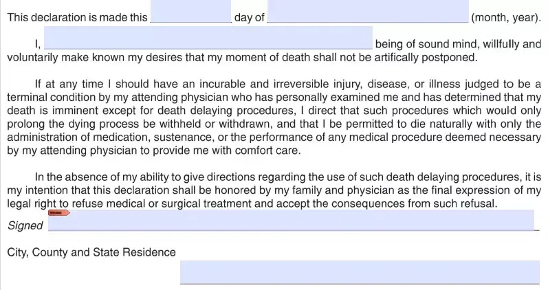 Part for essential information of a living will form for Illinois