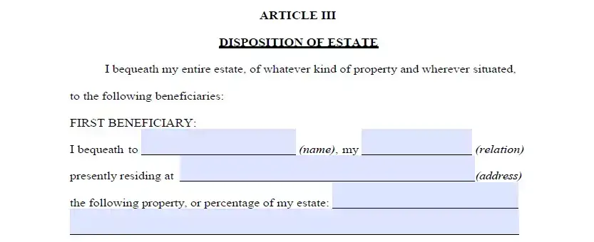 Section for specifying beneficiaries and allocating assets of last will for Washington