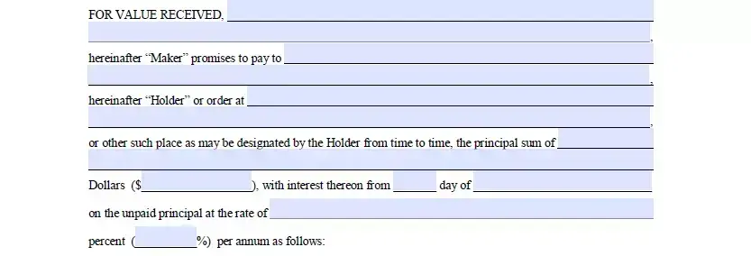 Basic info specification part of promissory note form for Washington