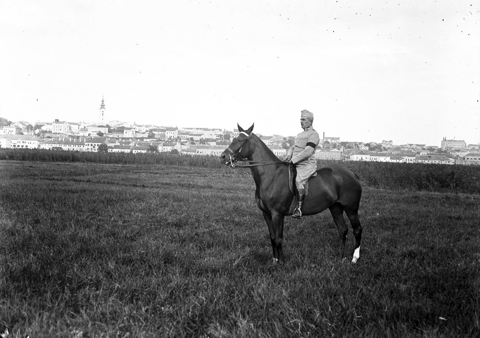 Szerbia, Belgrád, a felvétel a Száva folyón átívelő mai Branko hídhoz (Bankov most) közeli park helyén készült. Háttérben a Szent Mihály arkangyal székesegyház látható. A felvétel 1900 előtt készült., 1900, SZTFH Földtani Szolgálatának gyűjteménye, Eötvös Loránd, lovas, karszalag, Fortepan #303287