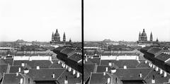 Magyarország, Budapest V., kilátás a Magyar Tudományos Akadémia épületéből a Szent István-bazilika felé, jobbra a Vigyázó Ferenc (Béla) utca házsora. A felvétel 1894-ben készült., 1900, SZTFH Földtani Szolgálatának gyűjteménye, Eötvös Loránd, sztereófotó, kémény, háztető, Bazilika, Budapest, Fortepan #303319