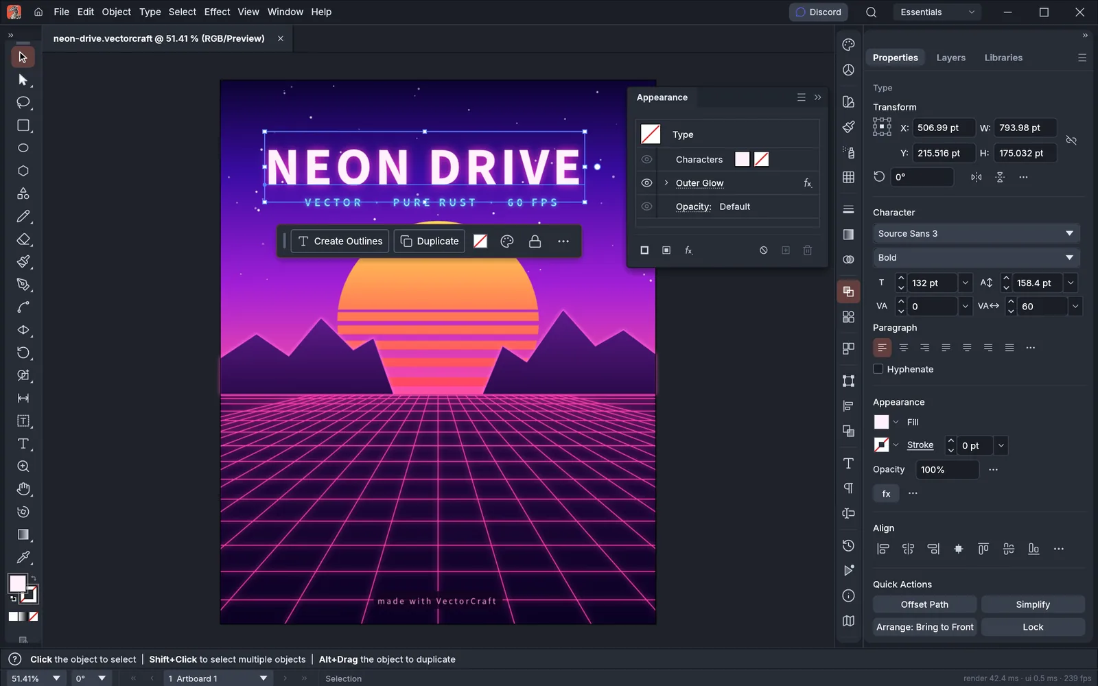 VectorCraft editing the Neon Drive poster, with the title's live outer glow settings in the Appearance panel and its character settings in the Properties panel