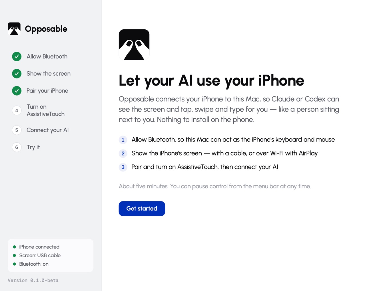 Opposable's setup window: allow Bluetooth, show the screen, pair, AssistiveTouch, connect your AI, try it