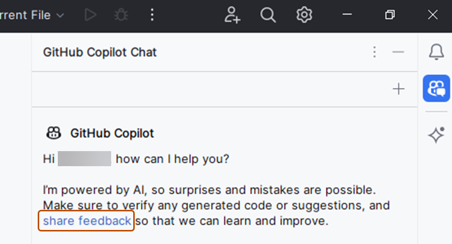 Screenshot of the share feedback link in the {% data variables.product.prodname_copilot_chat_short %} window.