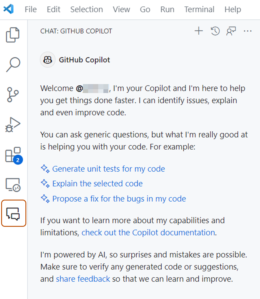 Screenshot of the {% data variables.product.prodname_copilot_chat_short %} icon in the Activity Bar.