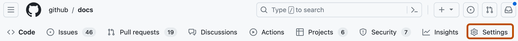 Screenshot of the tabs in a {% data variables.product.company_short %} repository. The "Settings" option is outlined in dark orange.