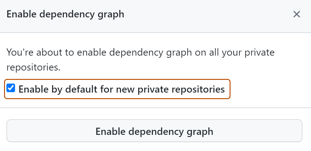 Screenshot of the "Enable FEATURE" modal dialog, with the "Enable by default for new private repositories" option outlined in dark orange.