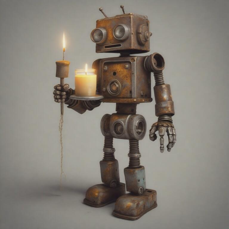 rusty robot holding a candle