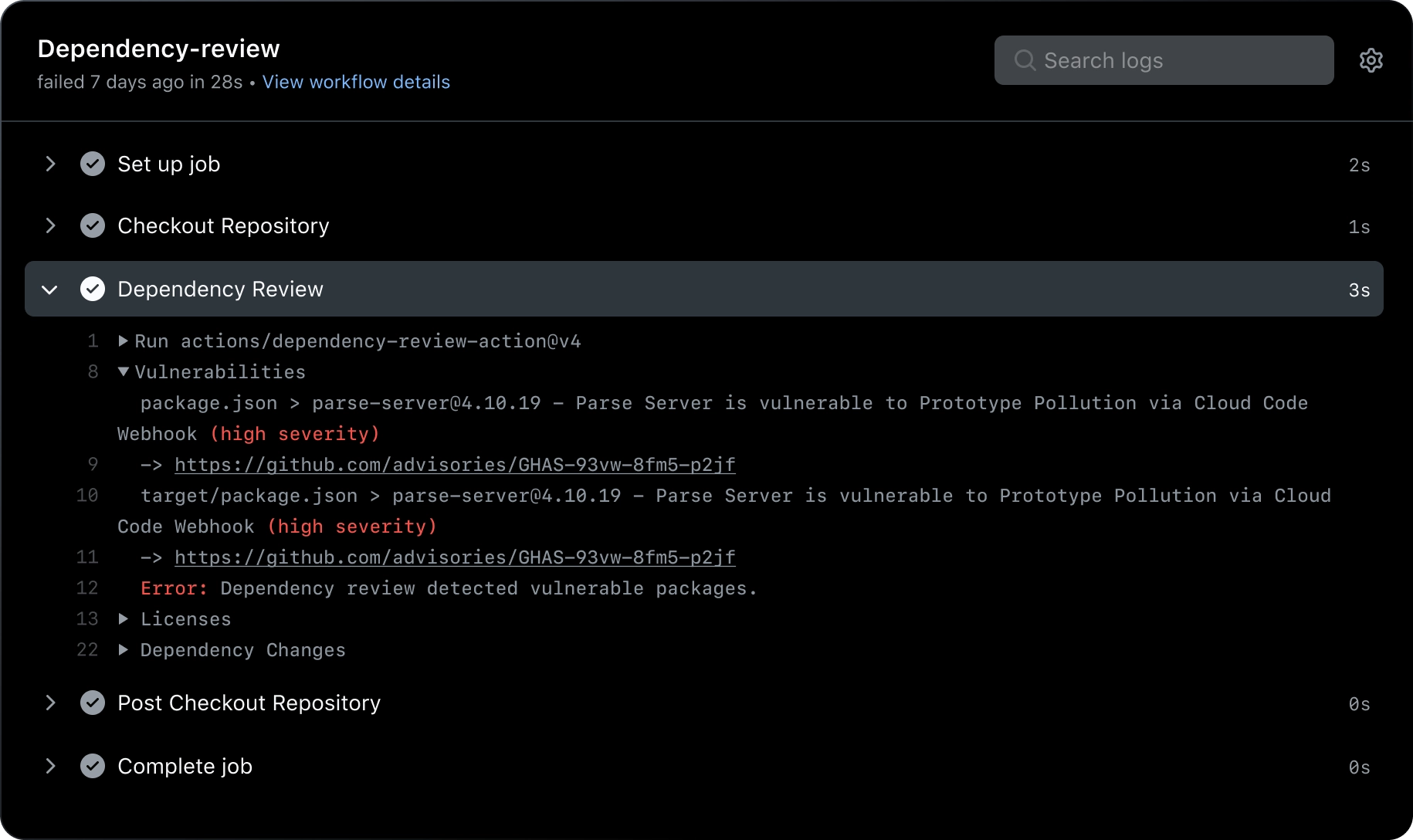 Dependency review identifies high severity vulnerabilities in a .json package