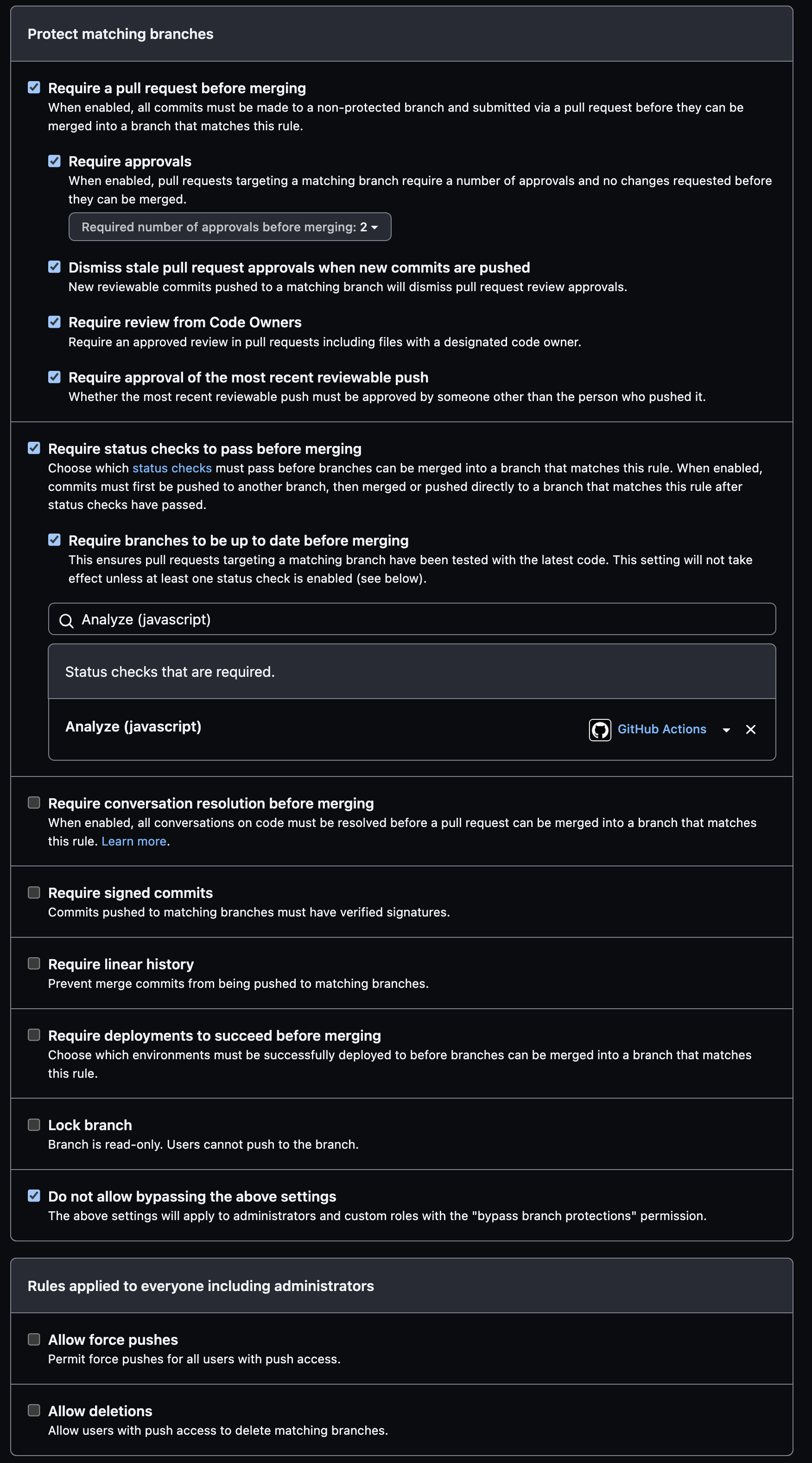 GitHub's branch protection settings with the following options selected: "Require a pull request before merging", "Require approvals" with 2 approvers, "Dismiss stale pull request approvals when new commits are pushed", "Require review from Code Owners", "Require approval of the most recent reviewable push", "Require status checks to pass before merging", "Require branches to be up to date before merging", have at least one Status Check chosen, and "Do not allow bypassing the above settings". All other options are unchecked.