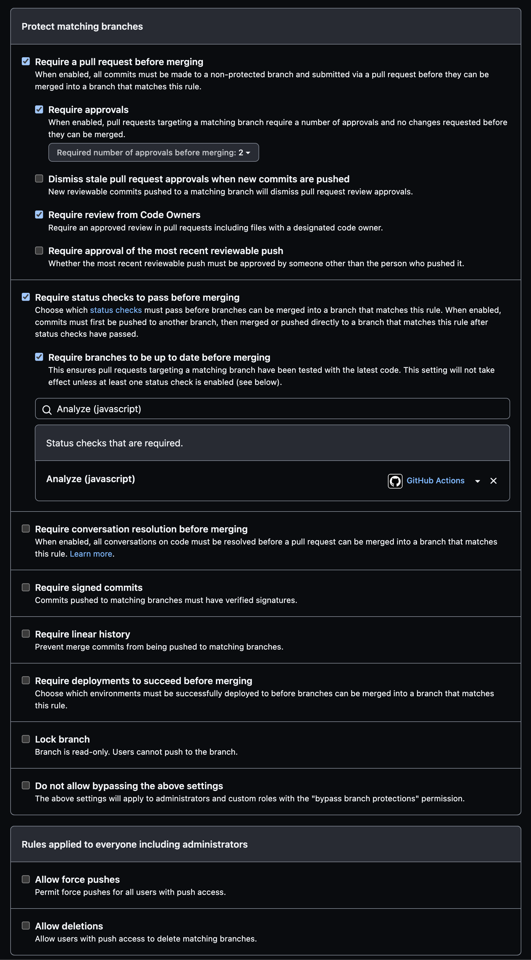 GitHub's branch protection settings with the following options selected: "Require a pull request before merging", "Require approvals" with 1 approver, "Require review from Code Owners", "Require status checks to pass before merging", "Require branches to be up to date before merging", and have at least one Status Check chosen. All other options are unchecked.