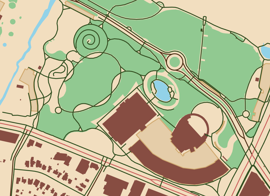 A map with brown and pastel tones showing features such as buildings, water, roads, and paths.