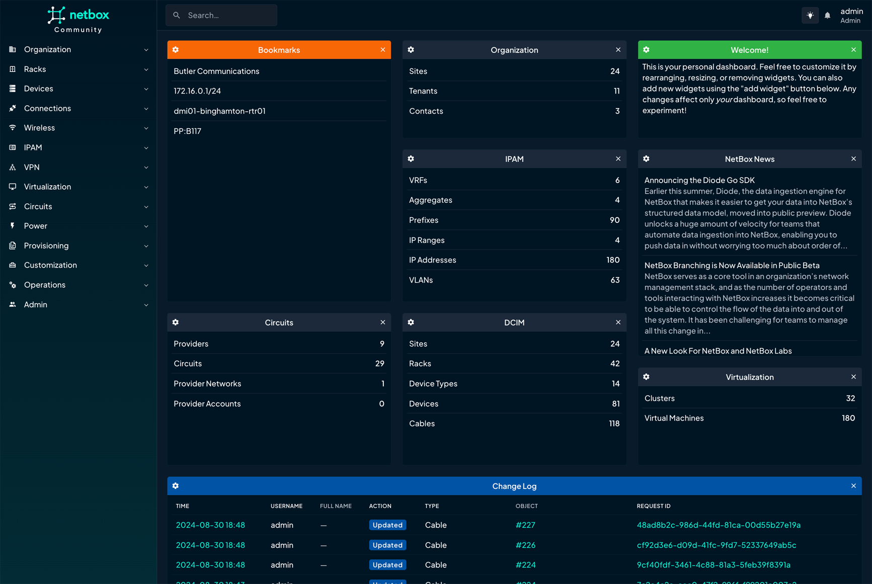 NetBox dashboard (dark mode)