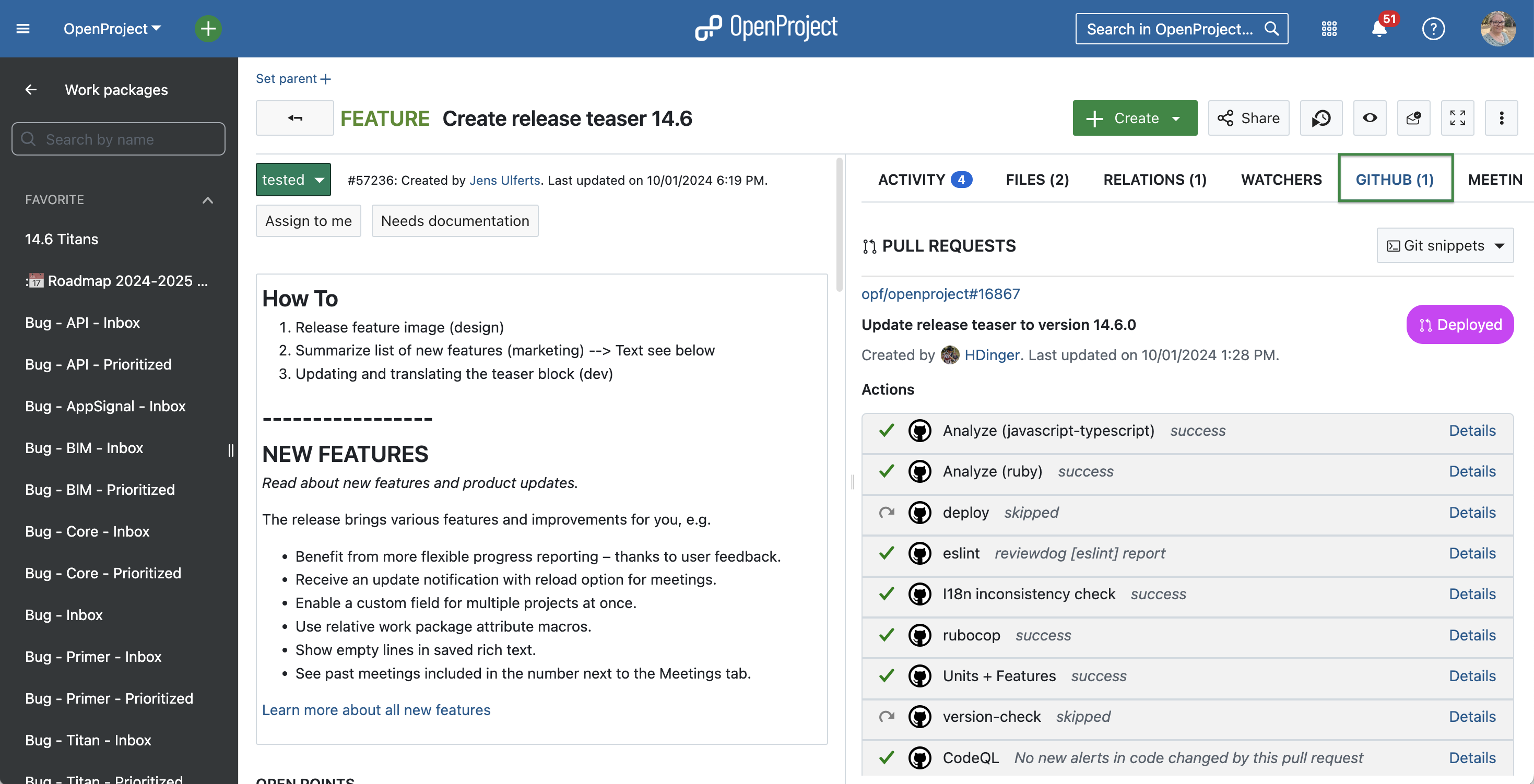 Screenshot of OpenProject, showing the GitHub tab on a work package