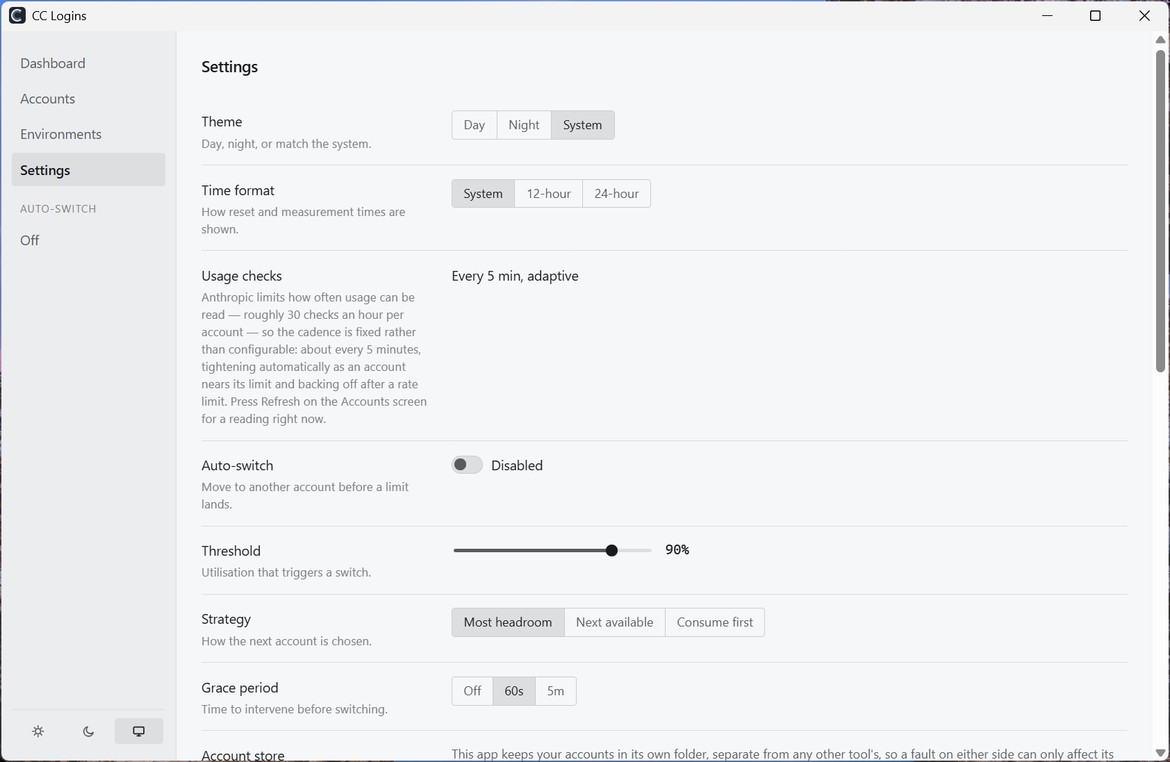 The Settings screen with theme, time format, usage-check cadence, auto-switch threshold, strategy and grace period.