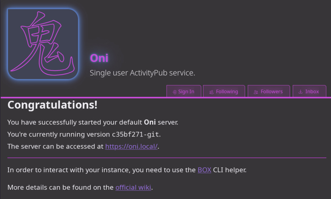 ONI main page after fresh install