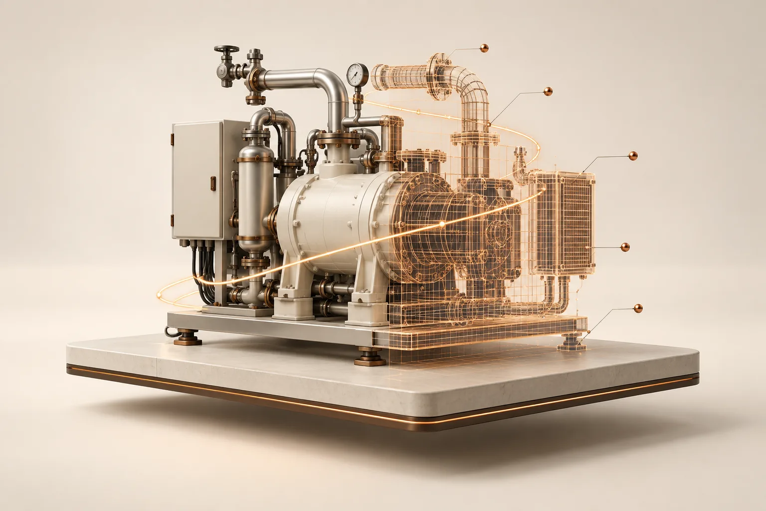 Concept illustration of industrial equipment connected to its copper wireframe digital twin