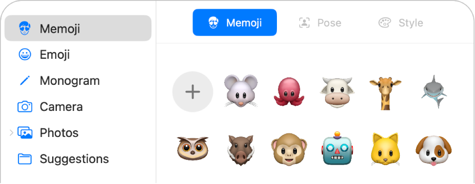 Optionen für das Apple Account-Bild. In der Seitenleiste ist „Memoji“ ausgewählt und verschiedene Memojis werden angezeigt.