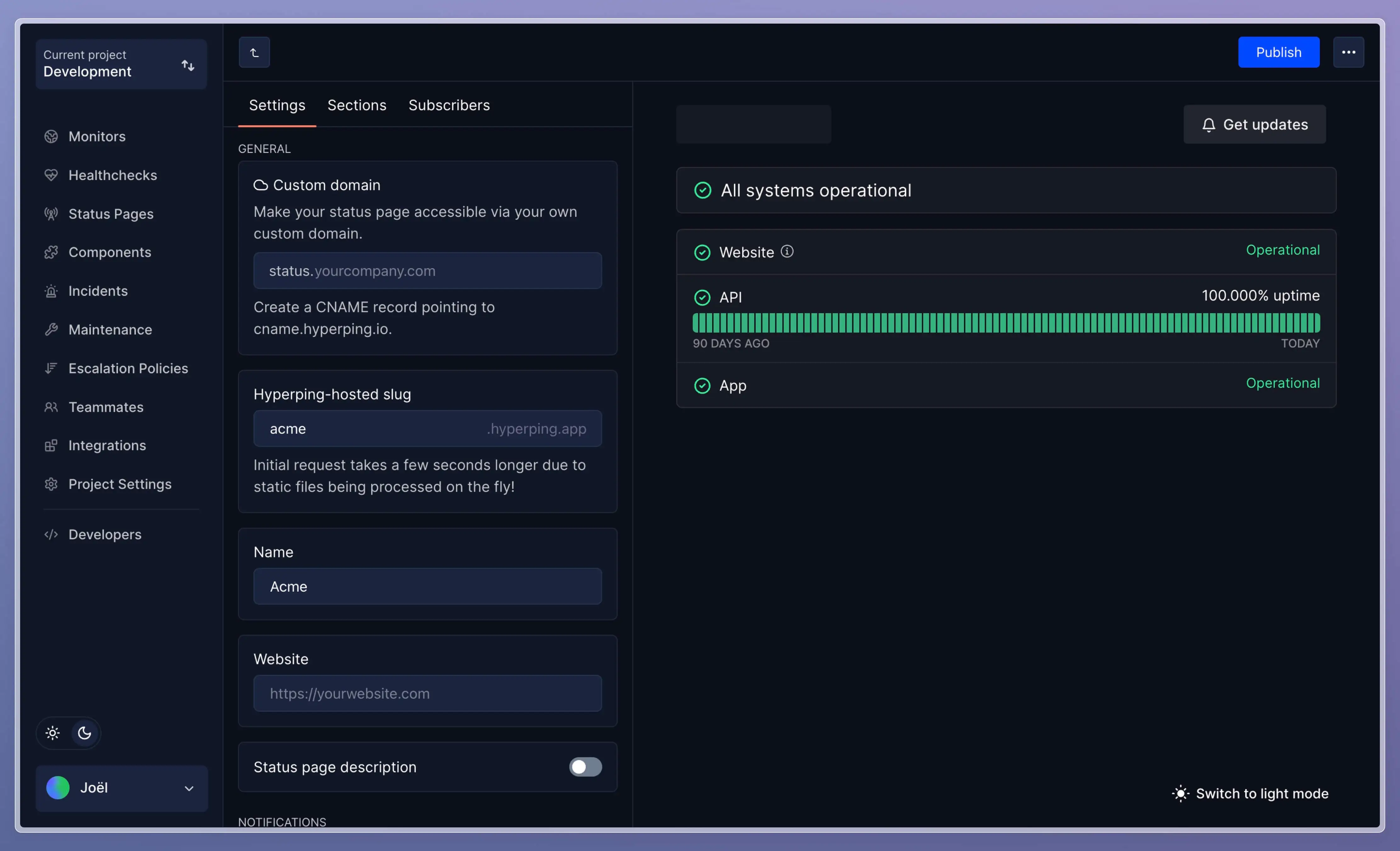 Status page builder of Hyperping