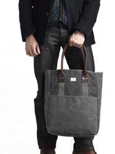 Grey Canvas Tote Bag, Tote Bag For Men, Totes For Men, Mens Work Tote, Black Canvas Tote Bag Men, Masculine Tote Bag, Black Waxed Canvas Bag With Leather Trim, Black Waxed Canvas Shoulder Bag With Leather Trim, Men’s Tote Bag