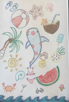 a drawing of various items on a sheet of paper with watermelon and other things