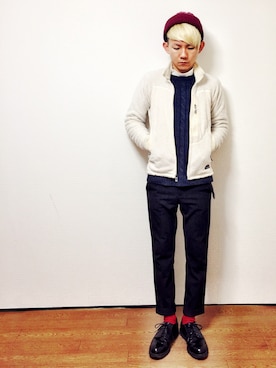 「BEAMS（ビームス）のアイテム（ニットキャップ/ビーニー、レッド系）」を使った、shogoさん（メンズ・160cm）の冬コーディネート