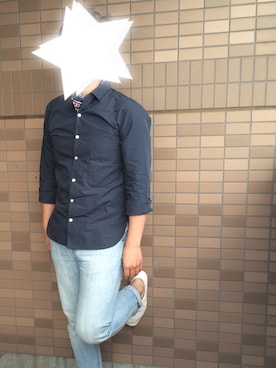 「UNIQLO（ユニクロ）のuniqlo and lemarieをカスタム（シャツ/ブラウス、ブルー系）」を使った、でぃむさん（メンズ・170cm）の春コーディネート