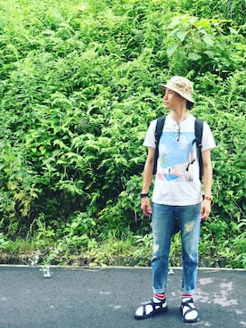 「GU（ジーユー）の（GU）スポーティサンダルＡ（サンダル、ブルー系）」を使った、K.Uchidaさん（メンズ・170cm）の夏コーディネート