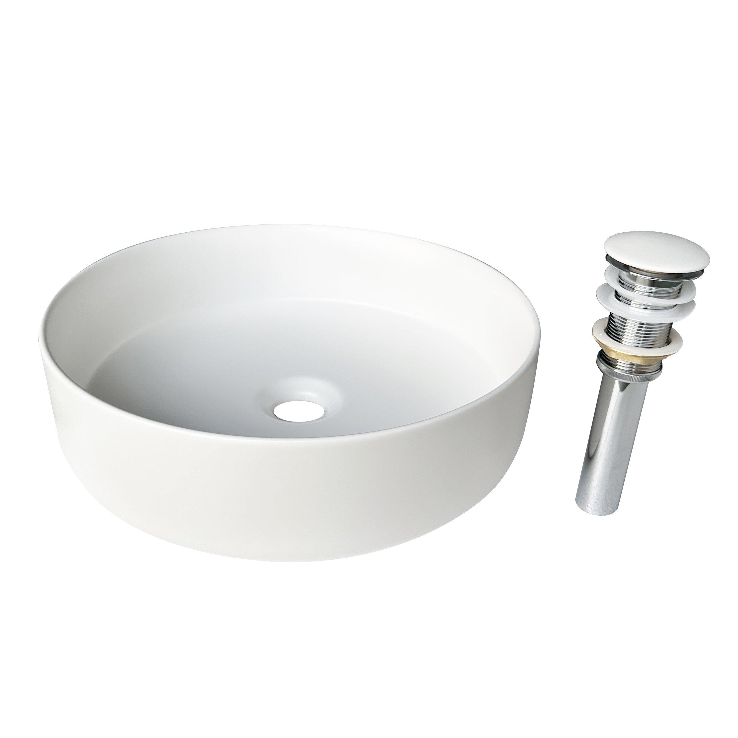 Round Matte White Porcelain Sink with Drain Cap