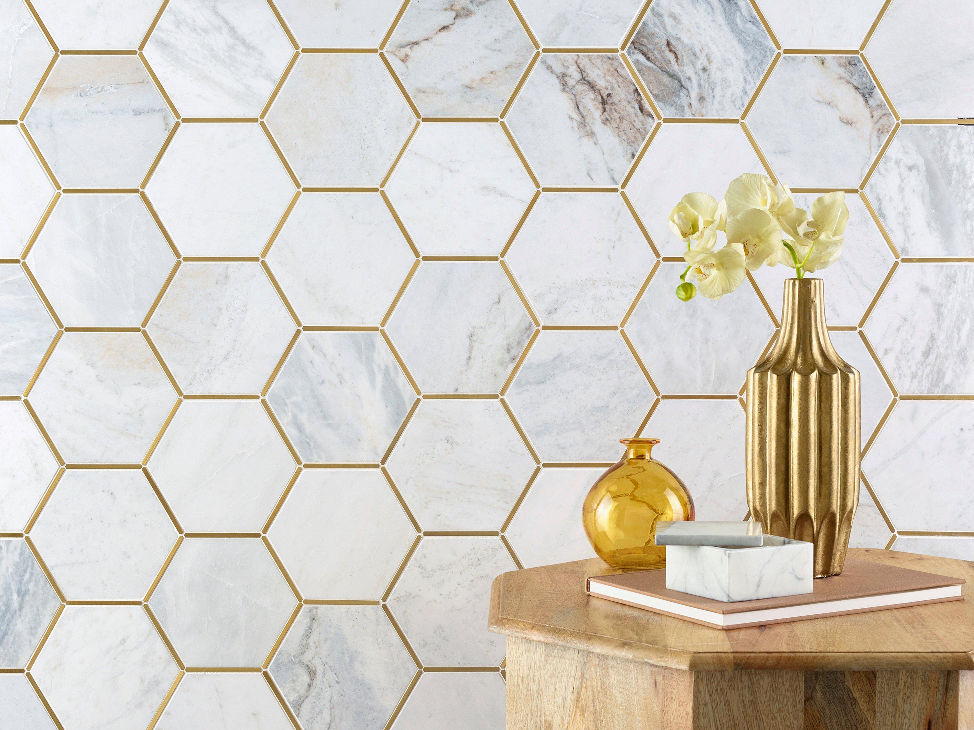 Bianco Orion Brass Hexagon Polished Marble Mosaic