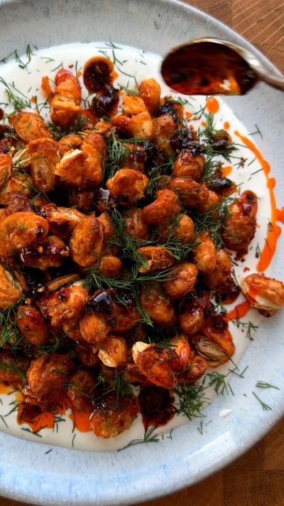 Crispy butter beans with whipped feta