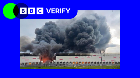 A still from a strike at a Wildberries site in Russia, in a BBC Verify branded border.