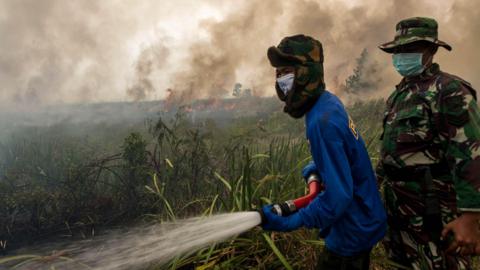 Two firefighters tackle a fire, with smoke and flames in the background. One man is dressed in a blue top; the other is in green camouflage kit. The man in blue is holding a water hose. Both are wearing masks.  