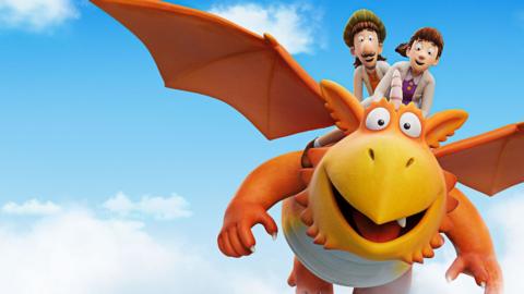 Zog flying through clouds with Doctor Princess pearl and Sir Gadabout the Great on his back.