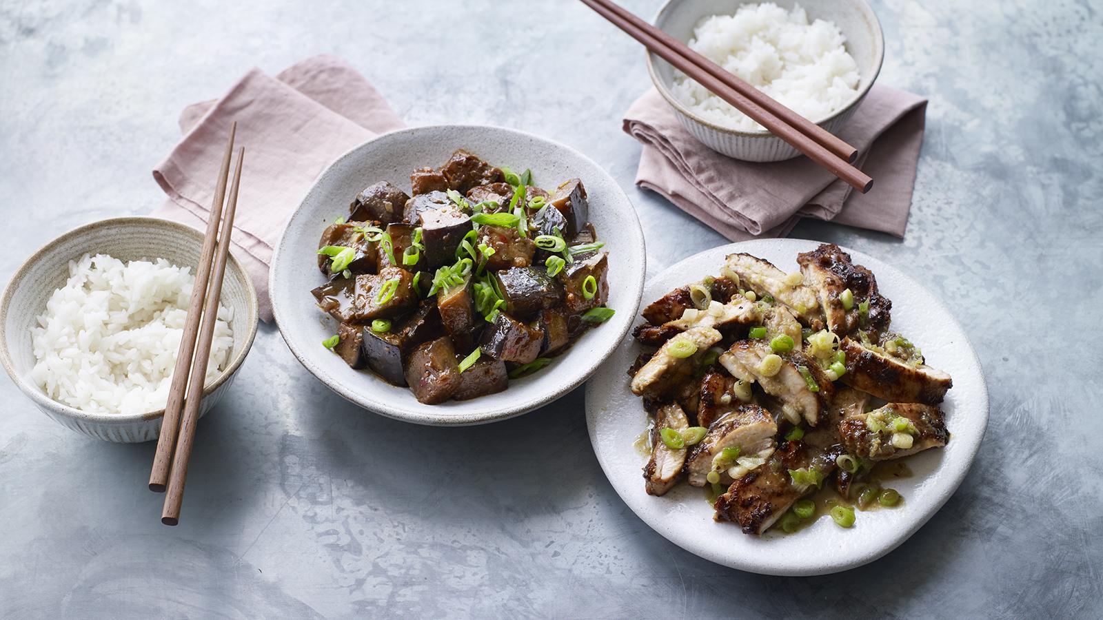 Crispy chicken with braised aubergine