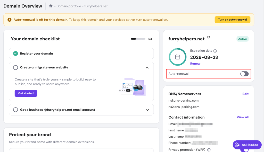 Hostinger Domain Overview page