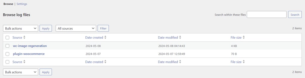 Sezione dei Registri di WooCommerce