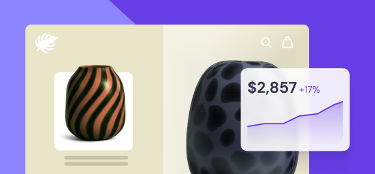 Illustration for the Builder learning pillar featuring decorative vases, a chart with a price and percentage on violet background
