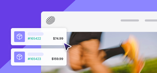 Illustration for the Optimizer pillar of Learning lab with UI elements featuring prices and product numbers and a blurry photo of a man on a violet backdrop
