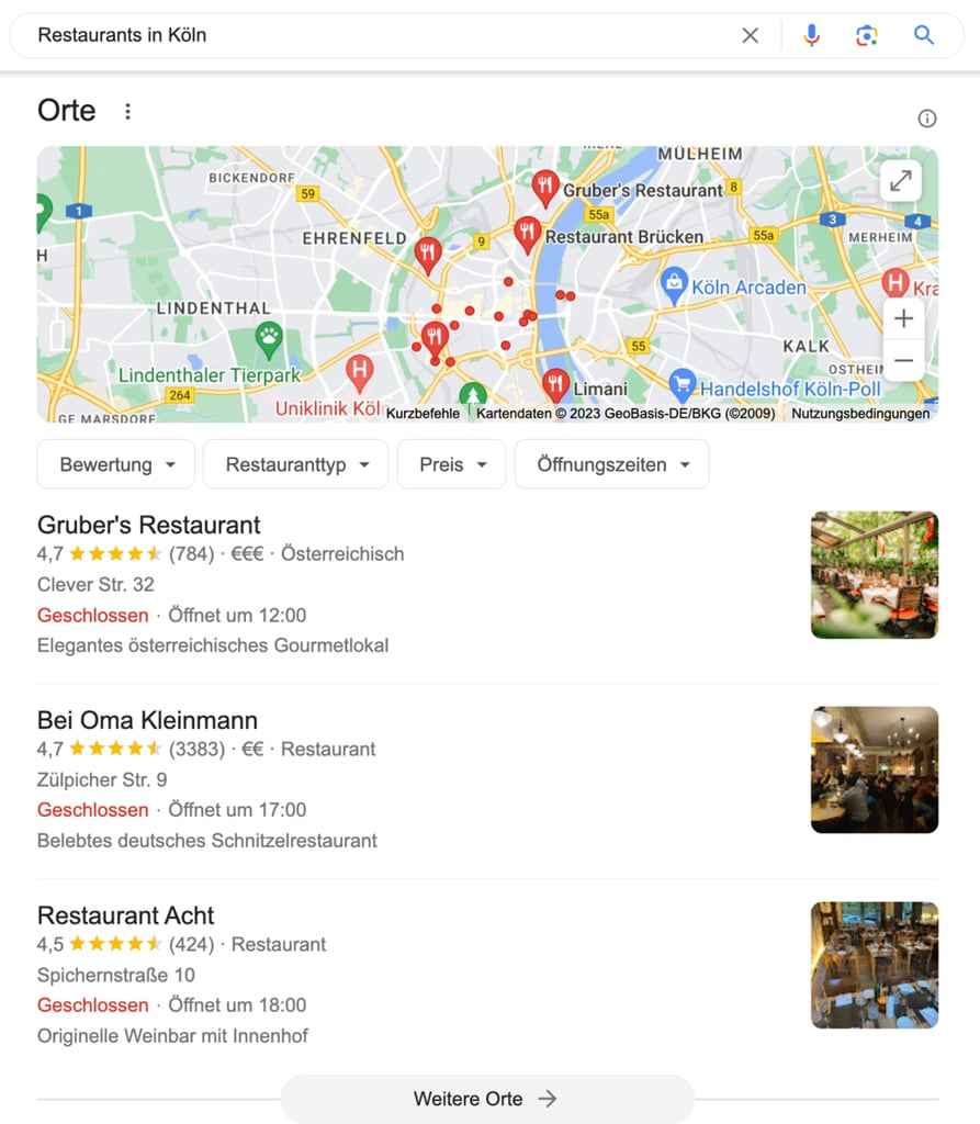 Screenshot der Google-Suche &bdquo;Restaurants in K&ouml;ln"