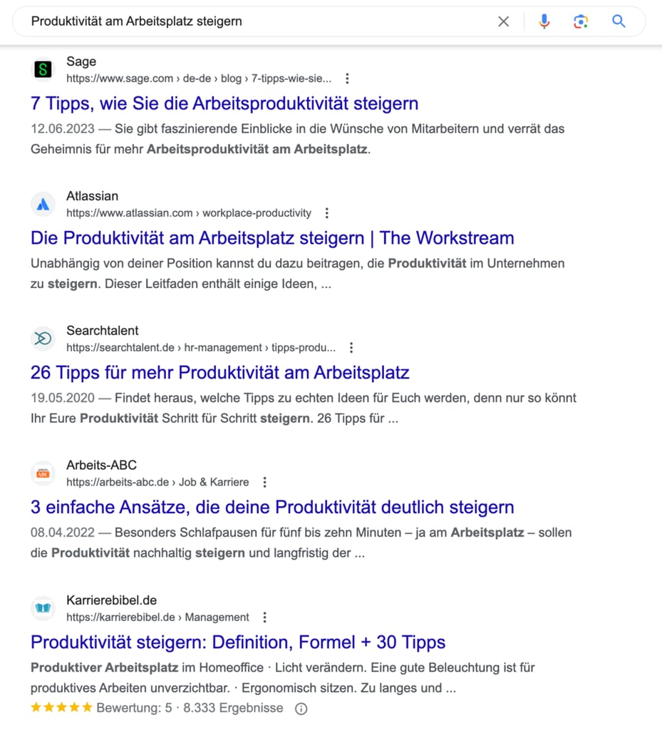 Screenshot der Google-Suche &bdquo;Produktivit&auml;t am Arbeitsplatz steigern"