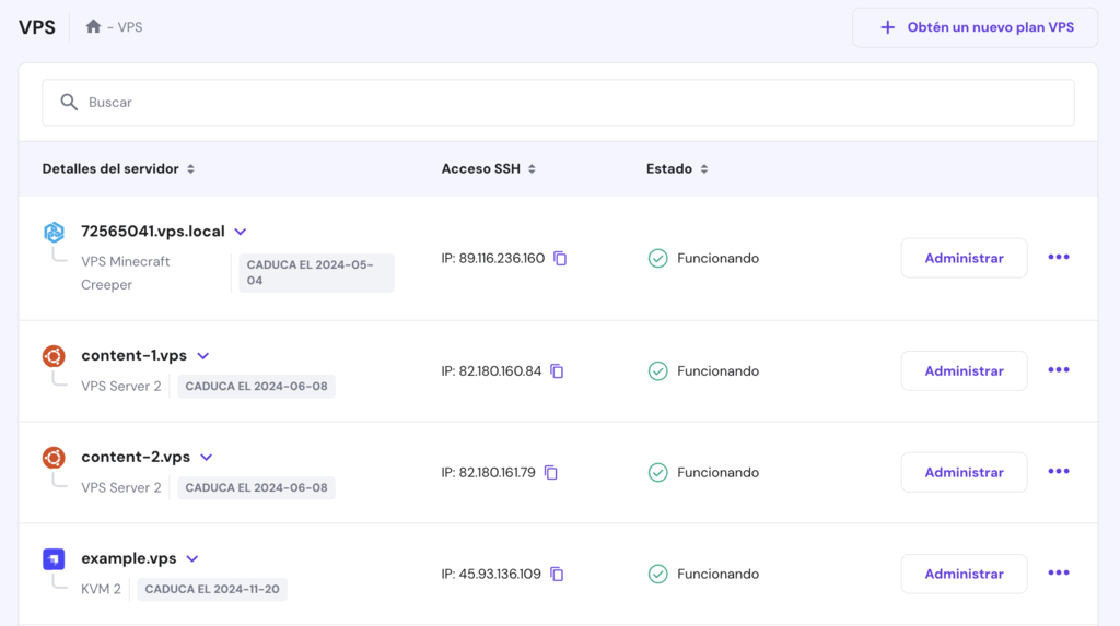 Secci&oacute;n de VPS de hPanel