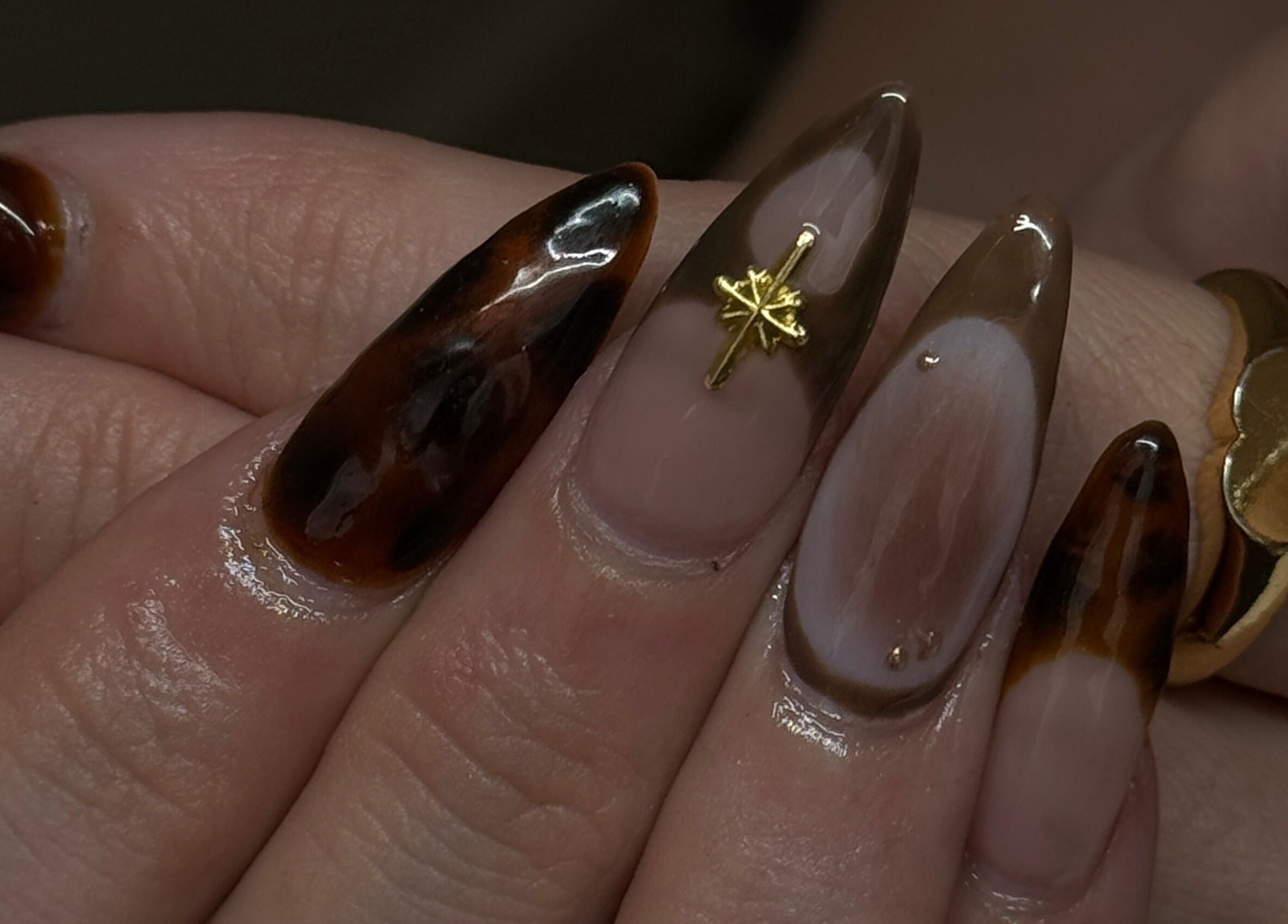 Sleek nail art with gold accents at Cherri Claws, Melbourne, Victoria, AU, featuring glossy earth tones.