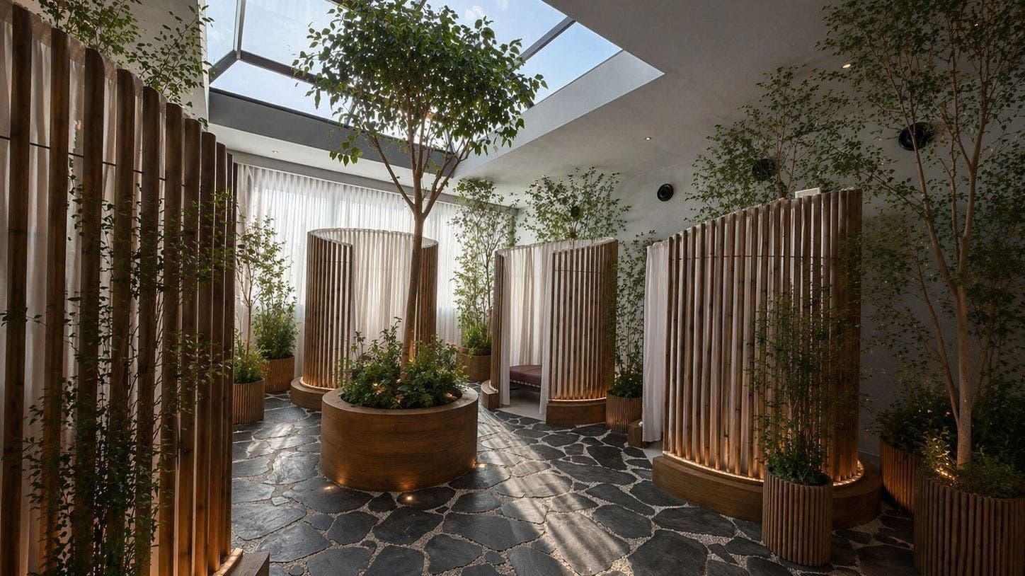 Luxurious indoor garden at Aurora Spa Hittin | أورورا سبا حطين, Riyadh, Riyadh Province, SA with skylight view.